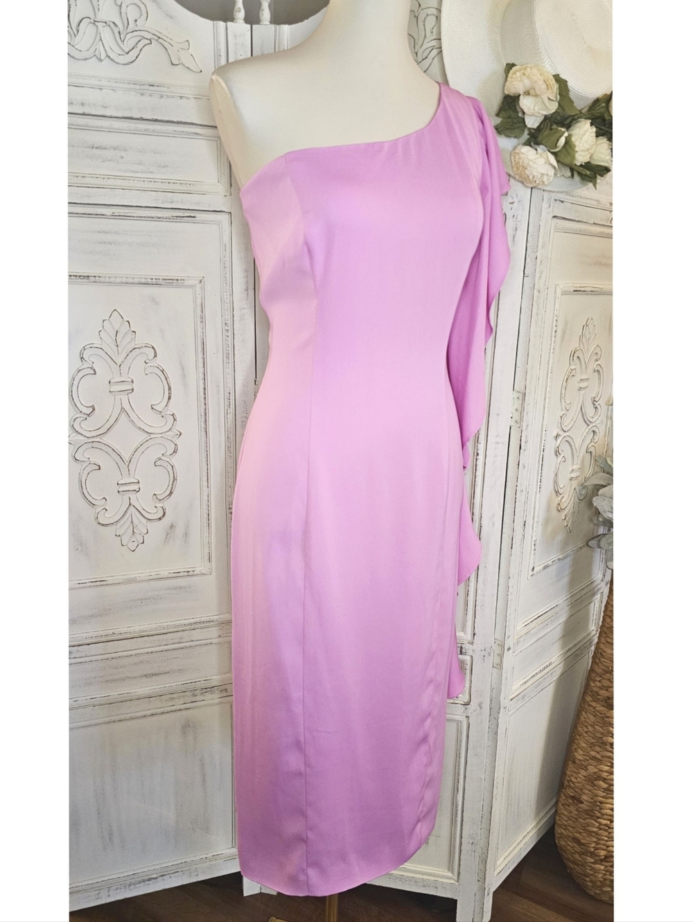 Boskemper Lavander Pink Cascade Ruffle One Shoulder Sheath Dress